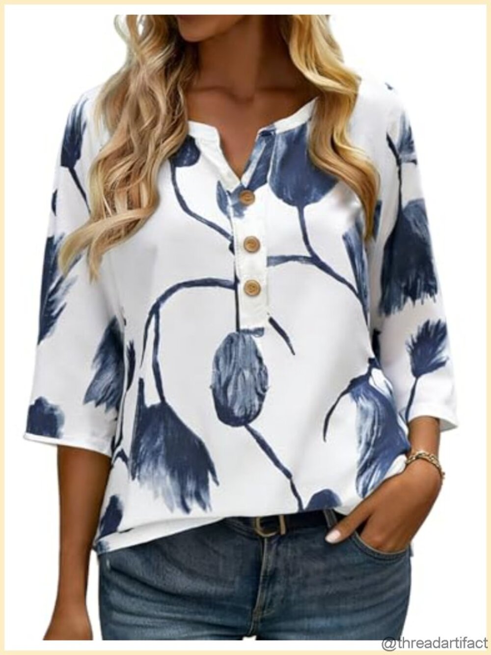 Women's Summer Floral Blouse 3/4 Sleeve Split V-Neck Dressy Work Top